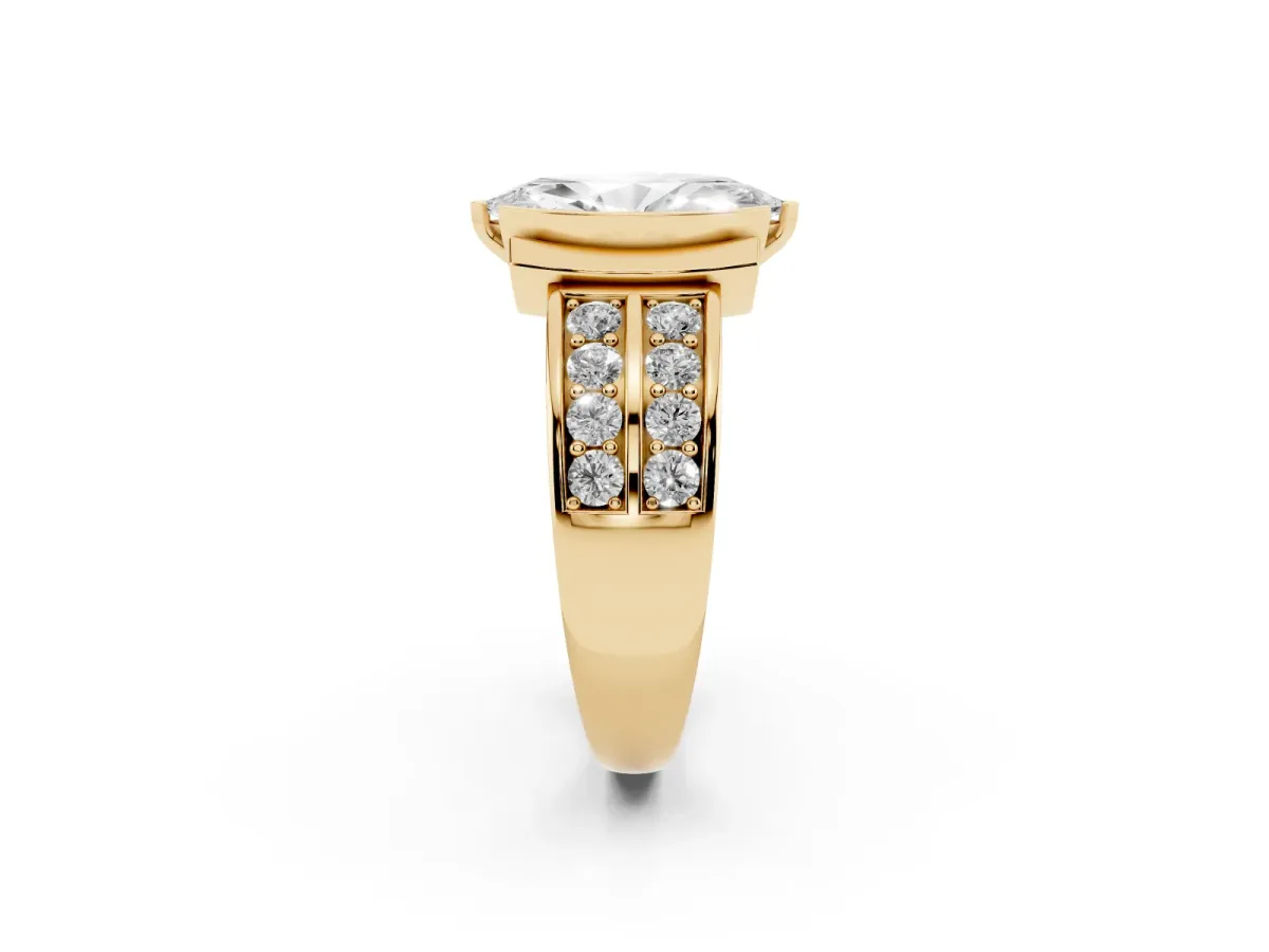 Marquise Cut Brilliant Diamond Channel Set Wide Band Ring with Bezel Setting Yellow gold