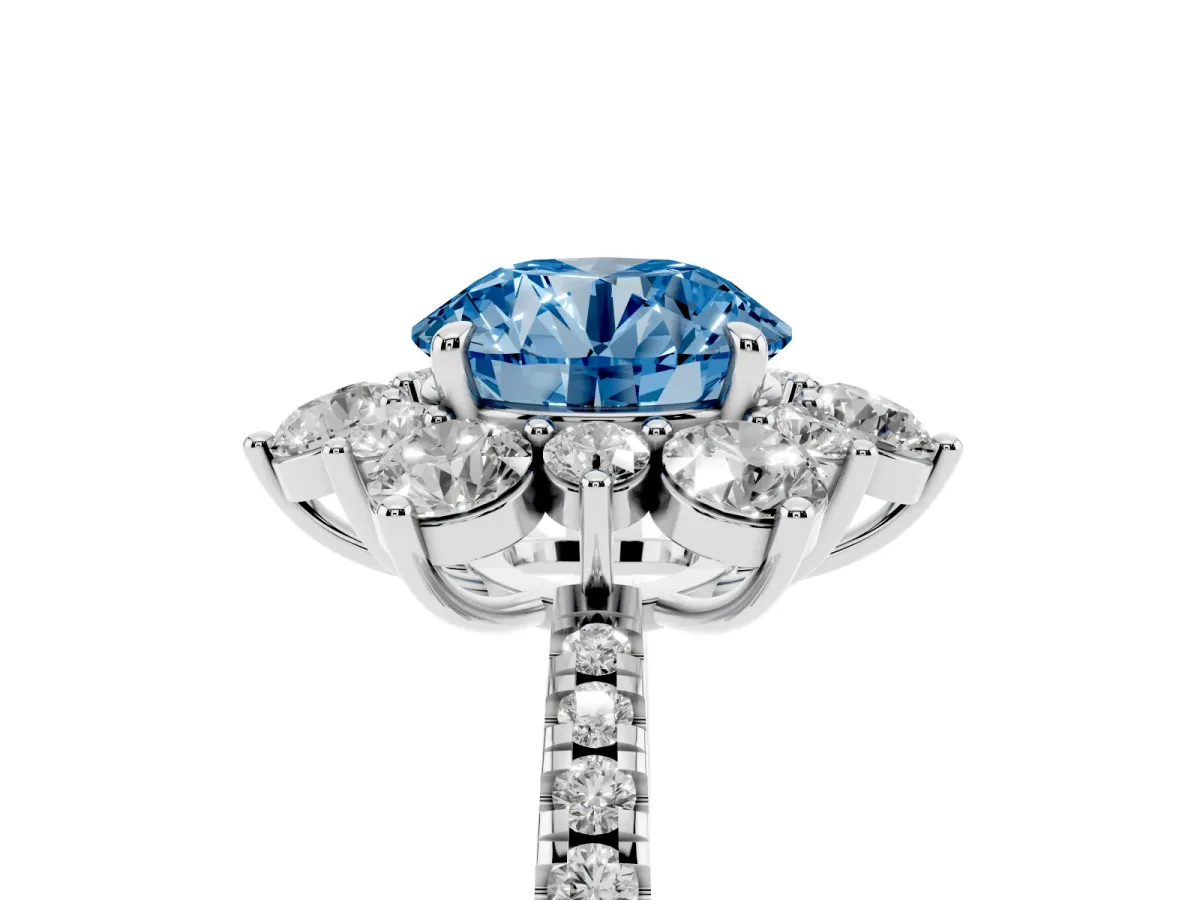 Fancy Blue Round Cut Diamond Floral Halo Ring with Round Pavé Band and Prong Setting Silver