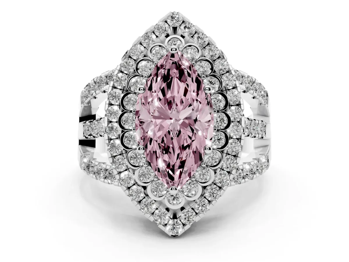 Fancy Pink Marquise Cut Diamond Double Halo Ring with Round Pavé Split Shank and Prong Setting Silver
