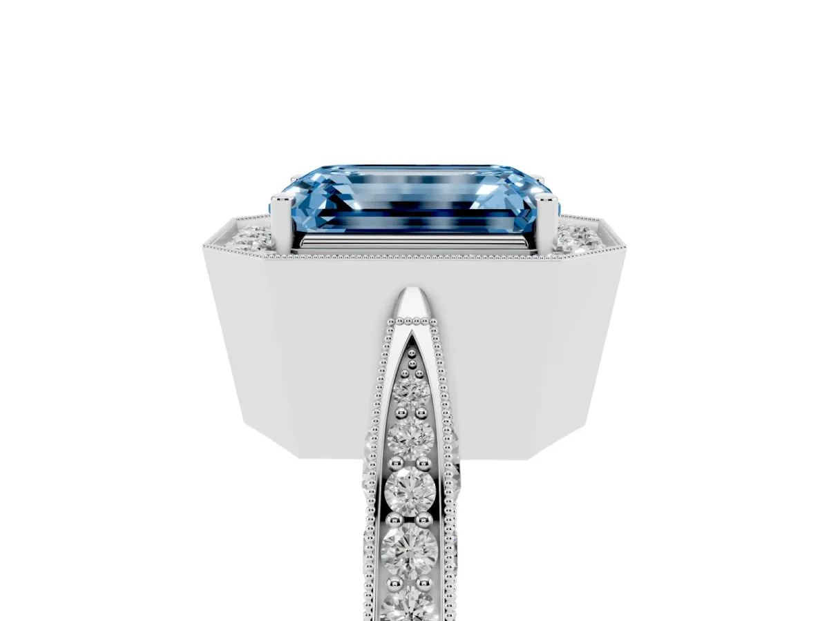 Fancy Blue Emerald Cut Halo Diamond Engagement Ring with Split Shank Band and Four-Prong Setting Silver