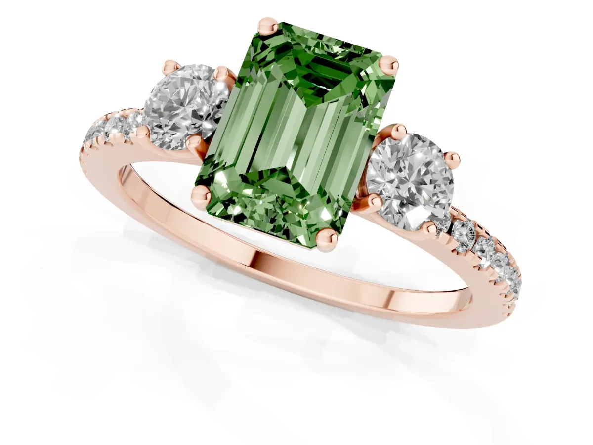 Fancy Green Three-Stone Emerald Cut Cut Diamond Pavé Band with Prong Setting Rose gold