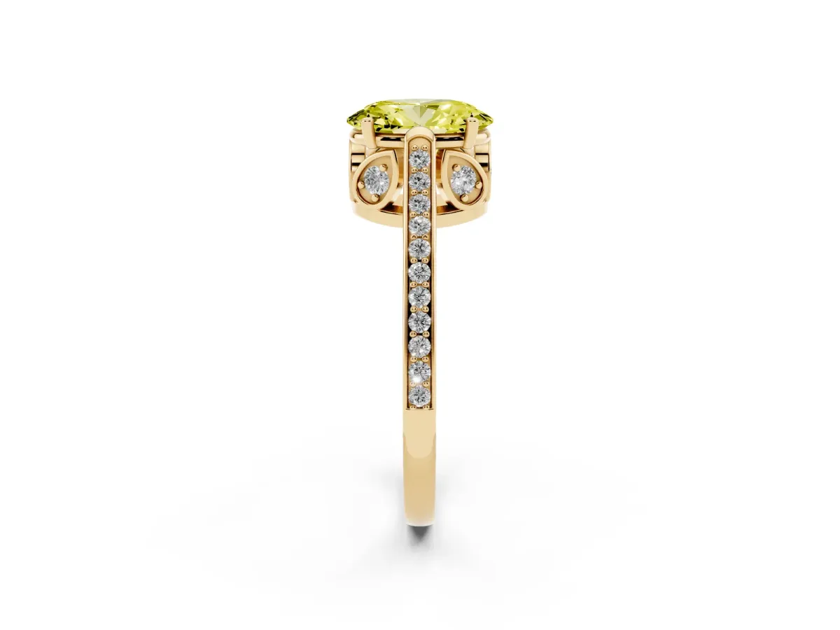 Fancy Yellow Oval Cut Cut Cathedral Pave Diamond Engagement Ring with Six-Prong Setting Yellow gold