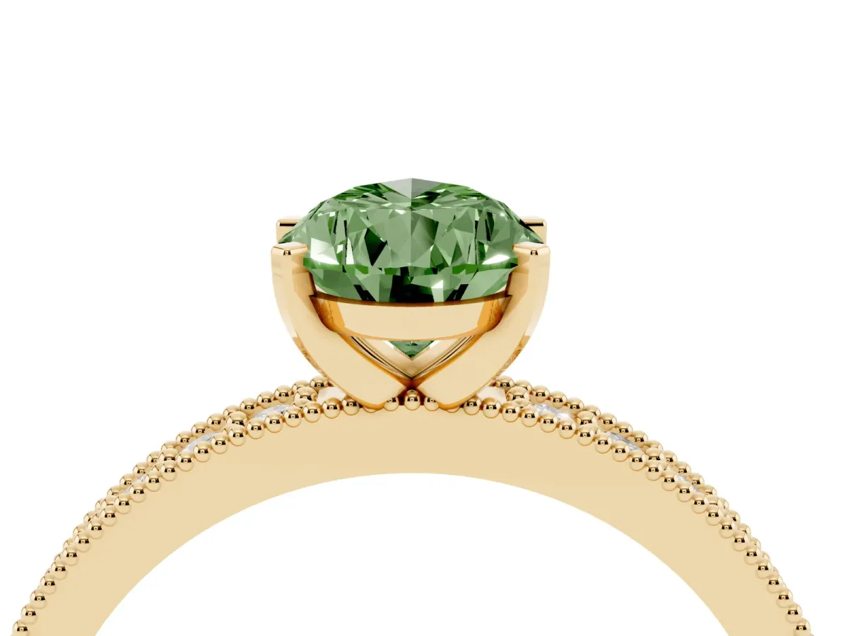 Fancy Green Pear Cut Diamond Milgrain Pavé Engagement Ring with Four-Prong Setting Yellow gold