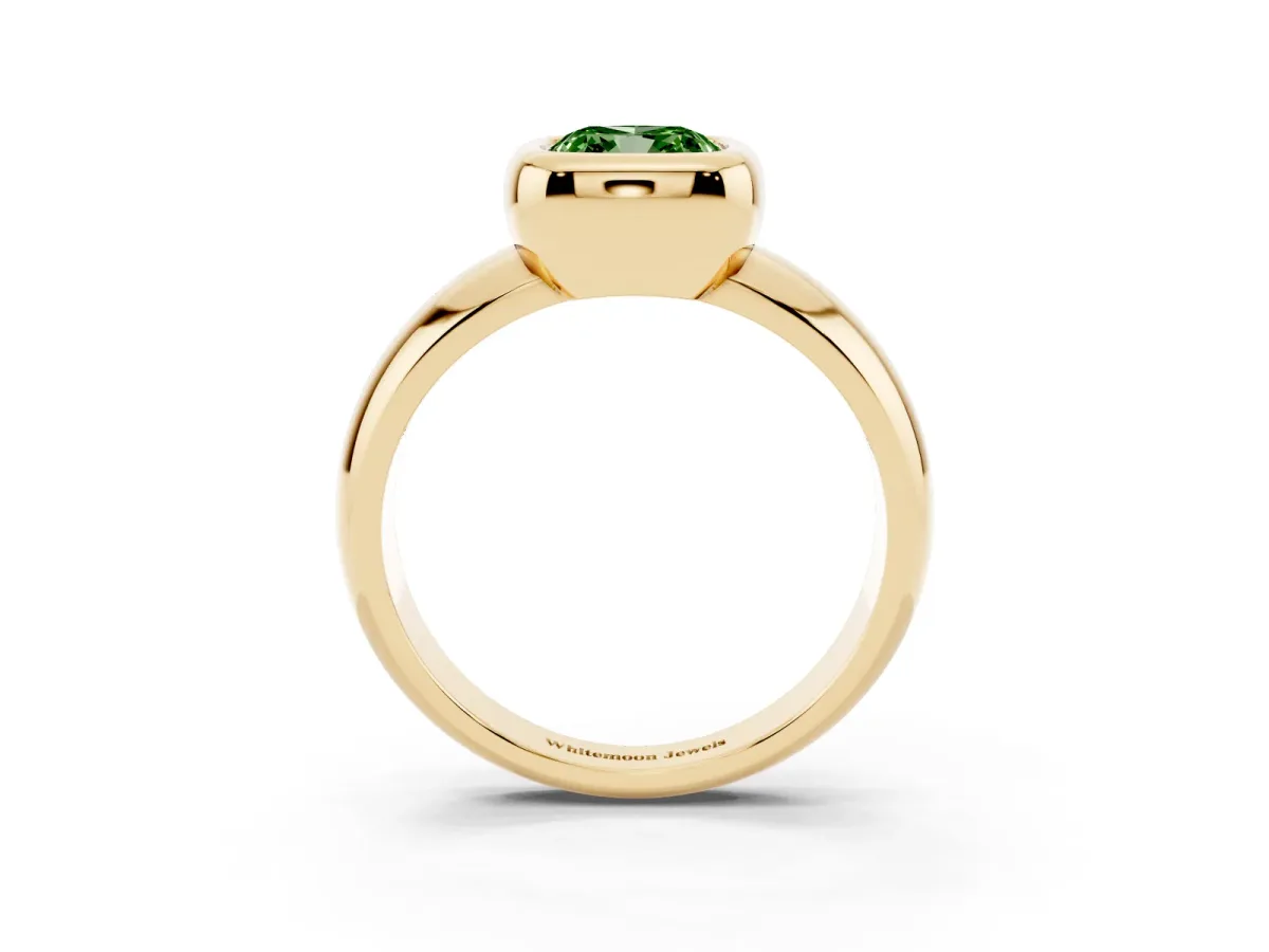 Fancy Green Bezel Set Cushion Cut Solitaire Ring with Wide Band Yellow gold