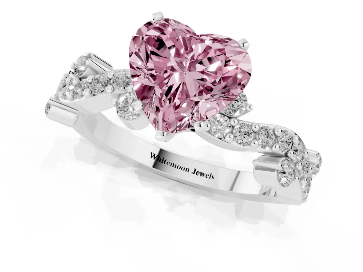 Fancy Pink Heart Cut Cut Solitaire Diamond Twisted Band with Pave Setting Platinum