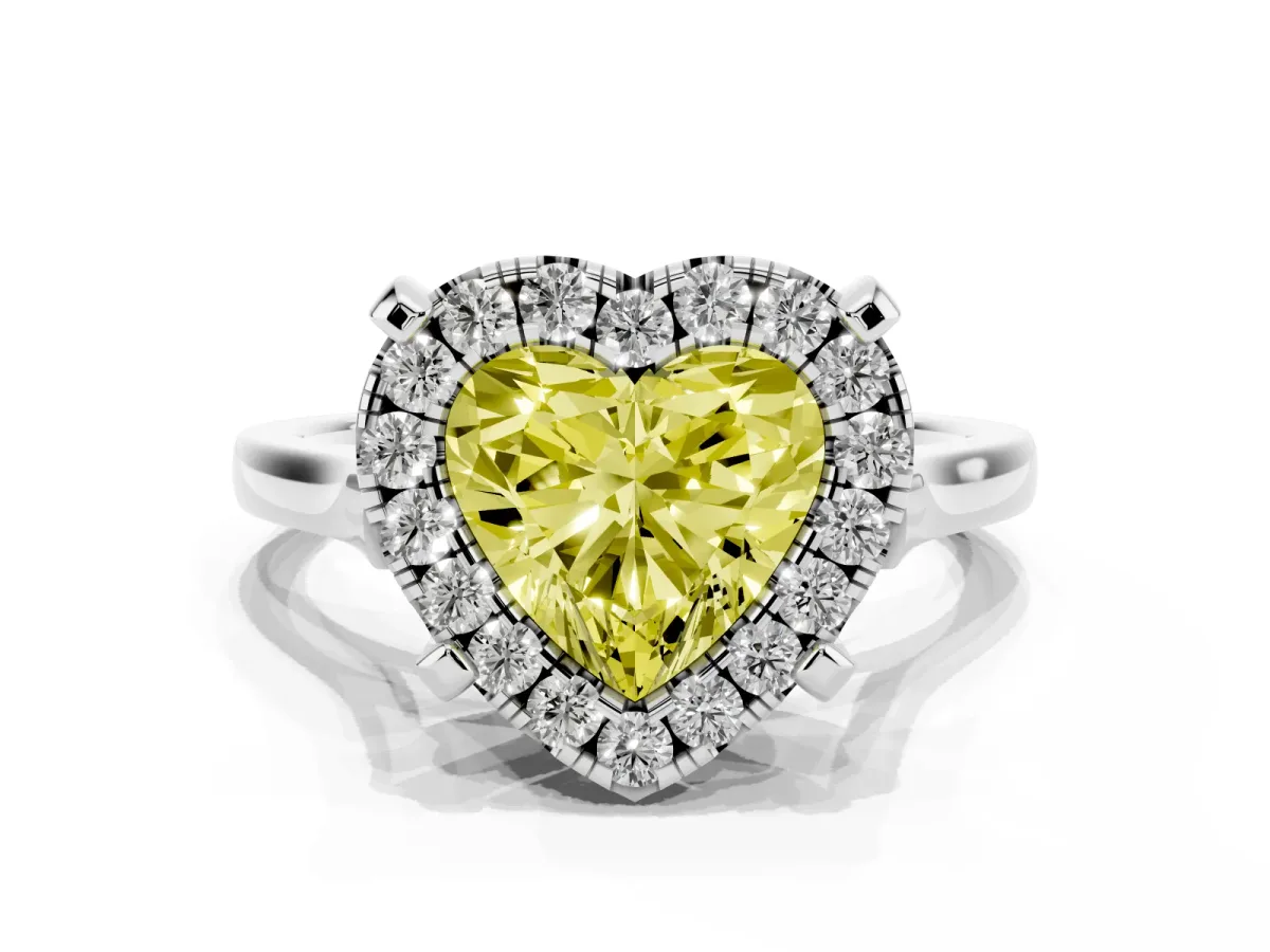 Fancy Yellow Heart Cut Diamond Cluster Halo Solitaire with Four-Prong Setting Silver