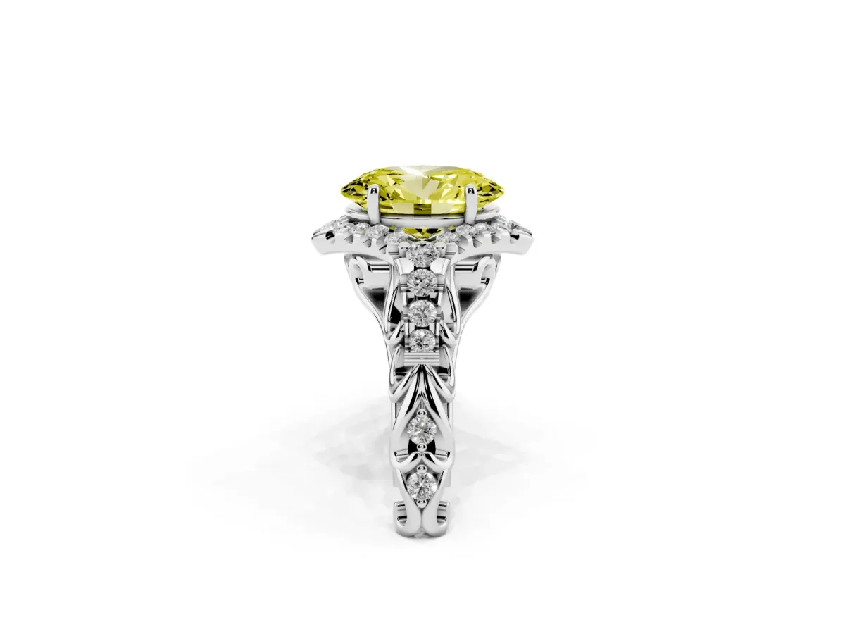 Fancy Yellow Oval Cut Diamond Solitaire Ring with Hidden Halo and Pavé Band Silver