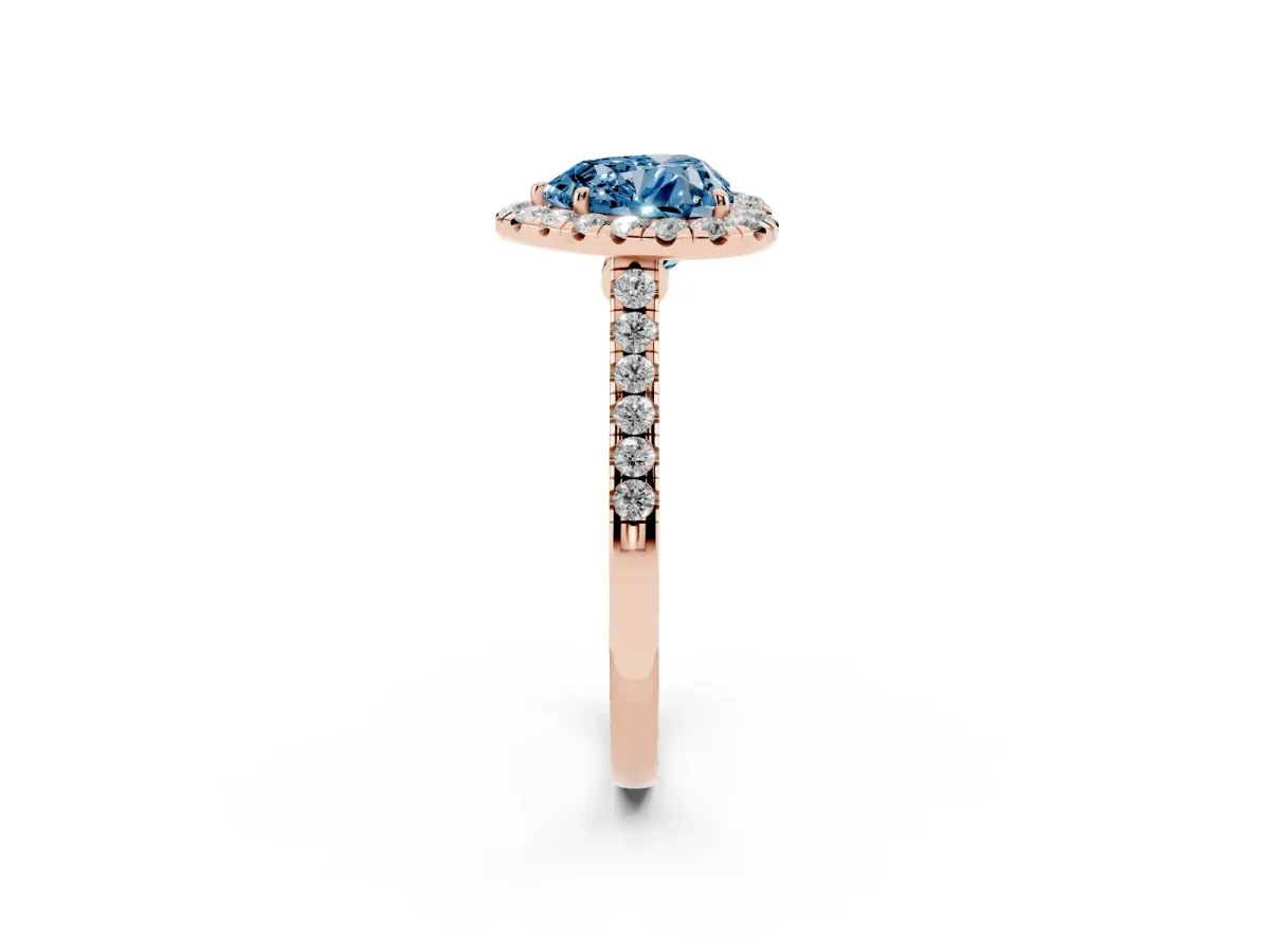 Fancy Blue Heart Cut Halo Pave Diamond Engagement Ring with Four-Prong Setting Rose gold