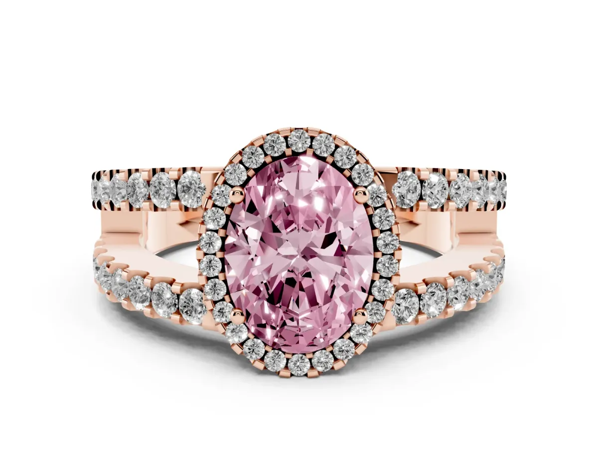 Fancy Pink Oval Cut Cut Halo Split Shank Diamond Ring with Four-Prong Setting Rose gold