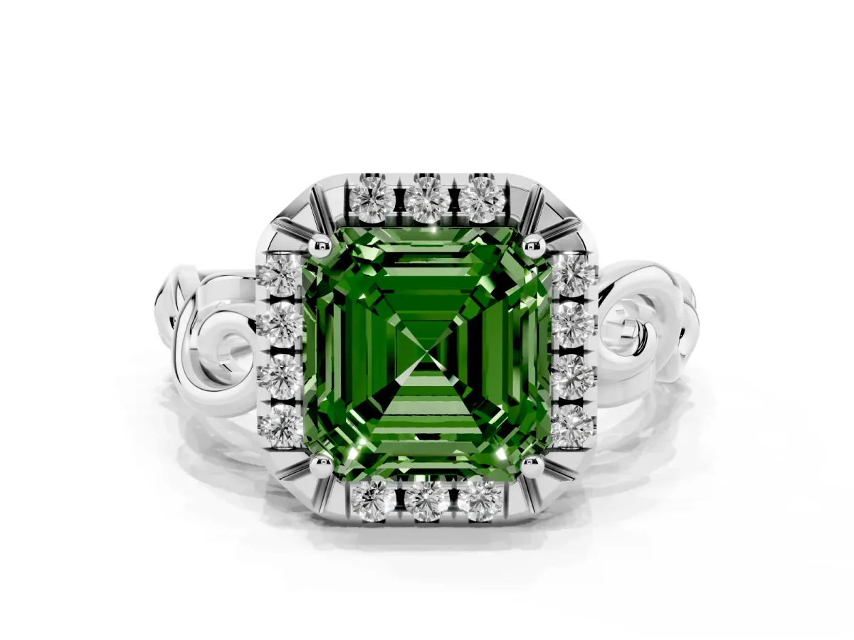 Fancy Green Asscher Cut Cut Halo Diamond Ring with Scrollwork Band and Four-Prong Setting Silver
