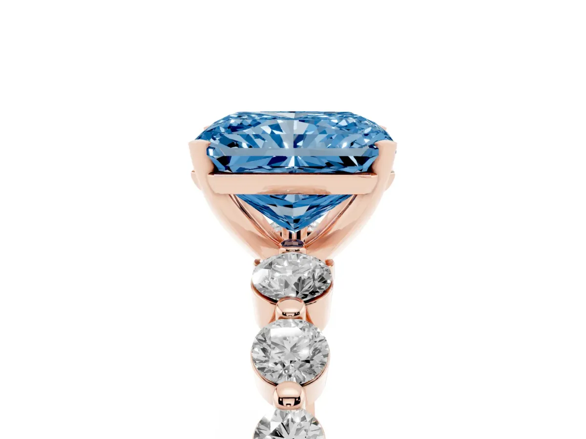 Fancy Blue Radiant Cut Solitaire Diamond Ring with Pave Band and Four-Prong Setting Rose gold