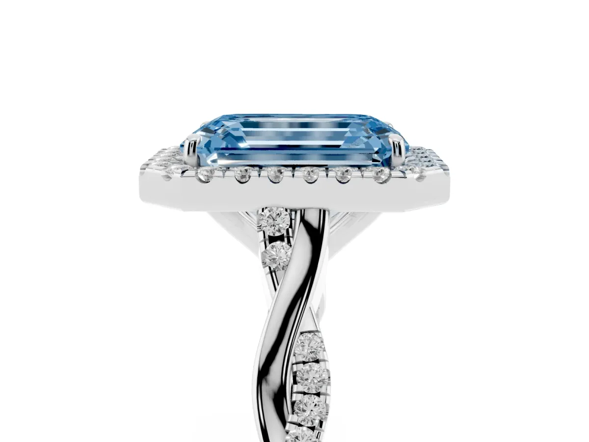 Fancy Blue Emerald Cut Halo Twist Band Solitaire Ring Silver
