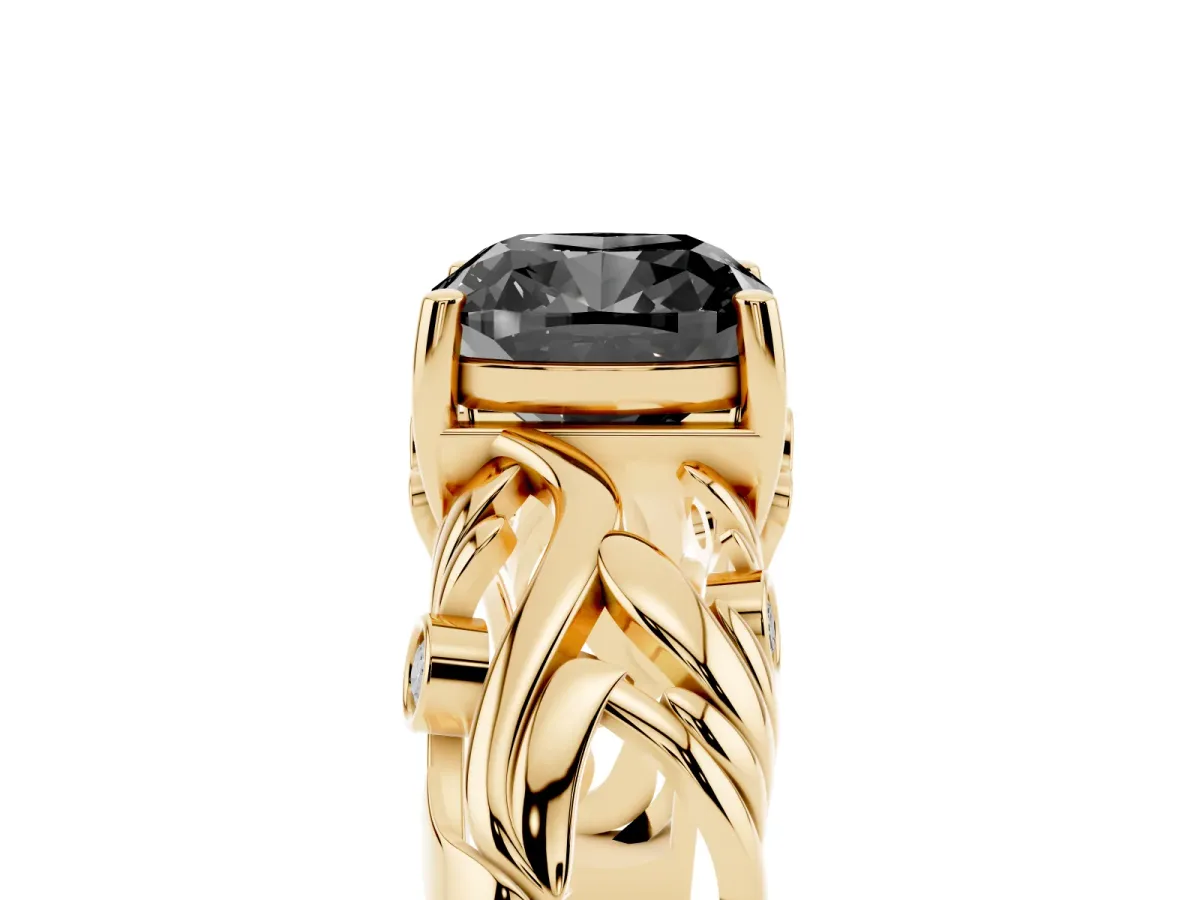 Fancy Black Cushion Cut Solitaire Diamond Leaf-Inspired Vine Band Ring with Prong Setting Yellow gold