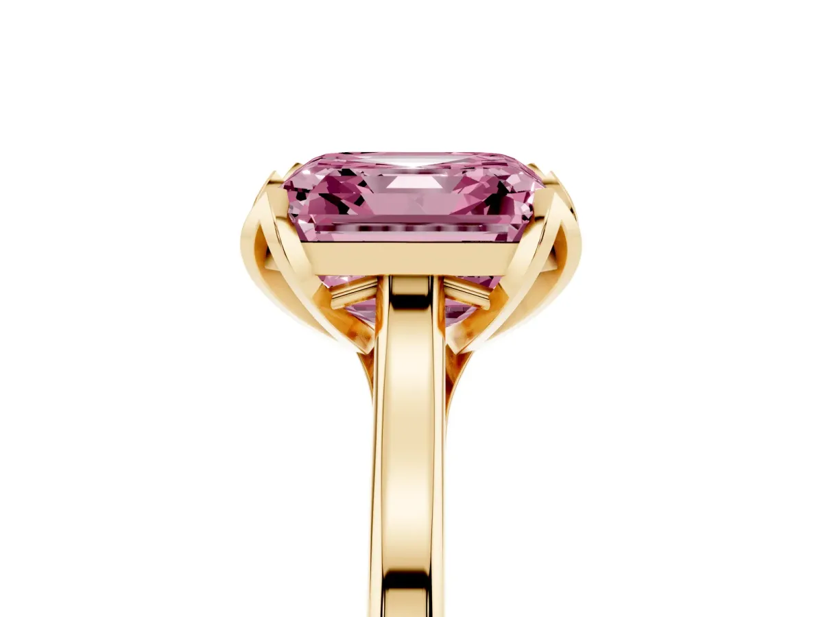 Fancy Pink Asscher Cut Diamond Solitaire Ring with Flower Prong Setting and Classic Band Yellow gold