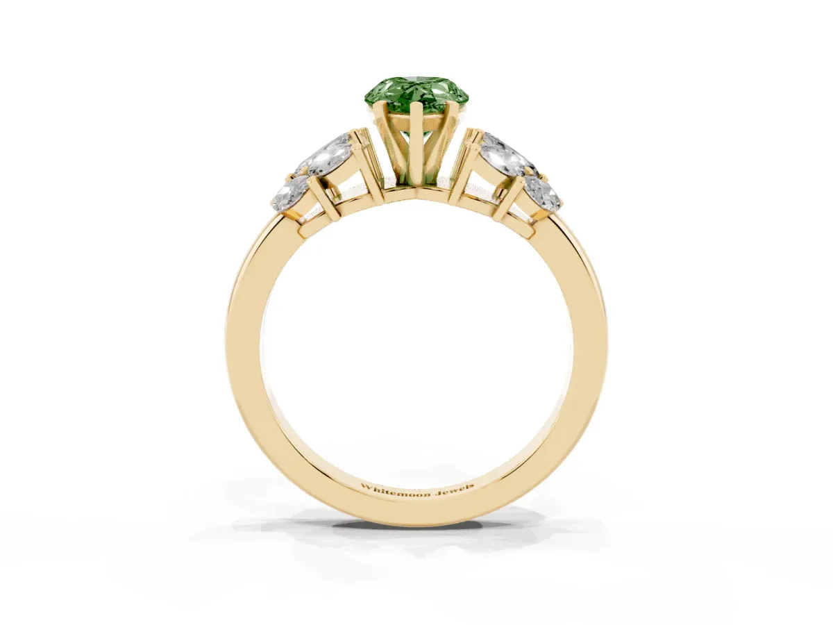 Fancy Green Pear Cut Diamond Cluster Leaf Design Ring with Prong Setting Yellow gold