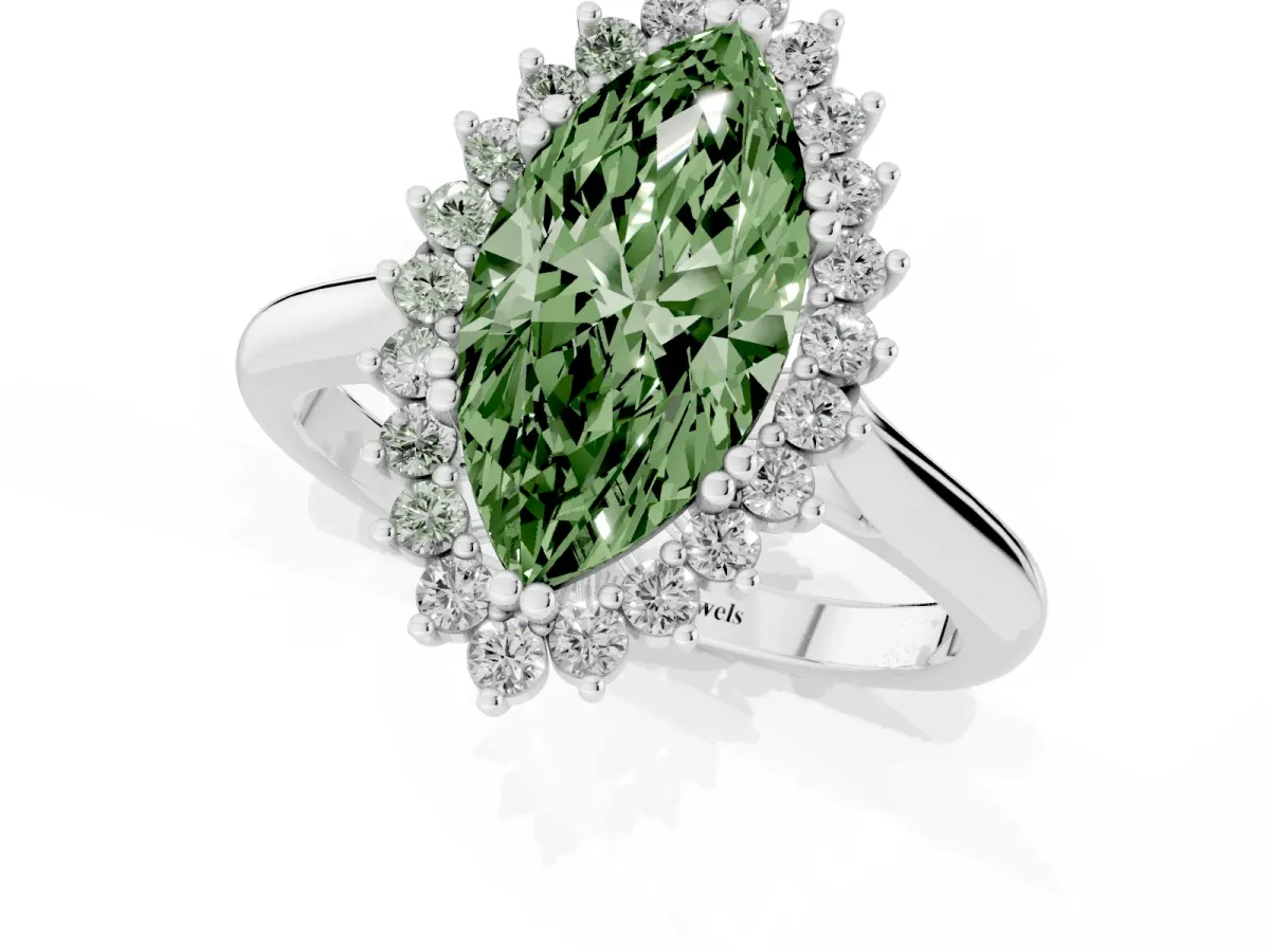 Fancy Green Marquise Cut Cut Diamond Halo Ring with Solitaire Band and Prong Setting Platinum