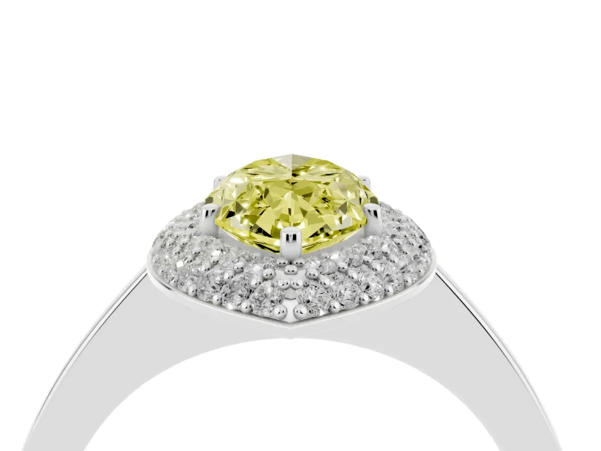 Fancy Yellow Marquise Cut Halo Diamond Engagement Ring with Solitaire Band and Four-Prong Setting Platinum