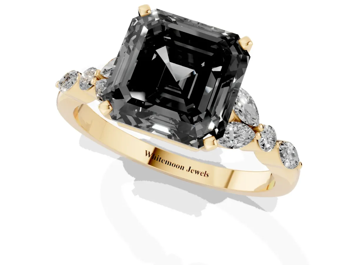 Fancy Black Asscher Cut Diamond Solitaire Ring with Side Stones and Four-Prong Setting Yellow gold