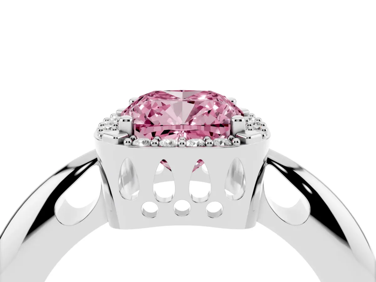 Fancy Pink Cushion Cut Cut Diamond Halo Engagement Ring with Split Shank and Four-Prong Setting Silver