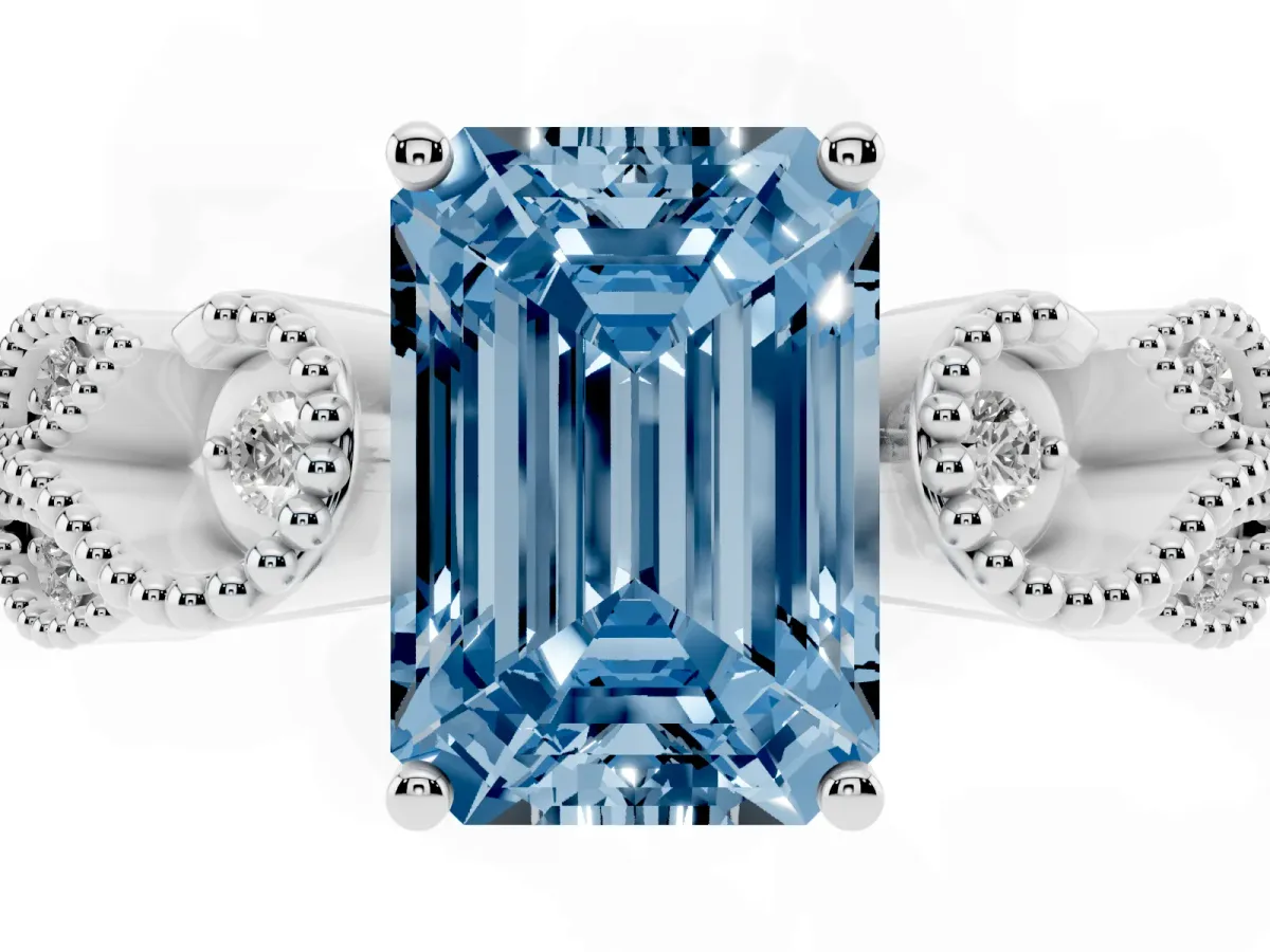 Fancy Blue Emerald Cut Solitaire Milgrain Leaf Band with Prong Setting Silver