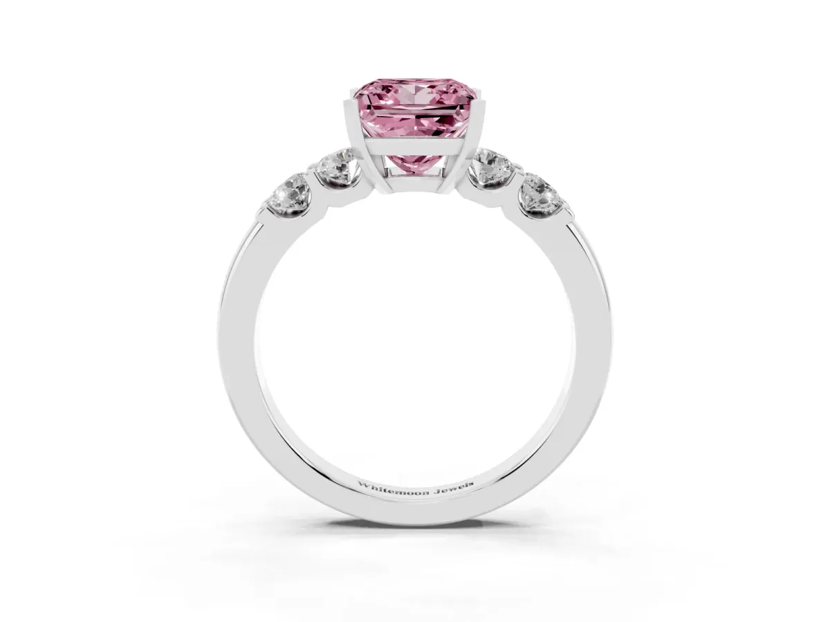 Fancy Pink Princess Cut Brilliant Cut Diamond Five-Stone Prong Set Engagement Ring with Channel Band White gold
