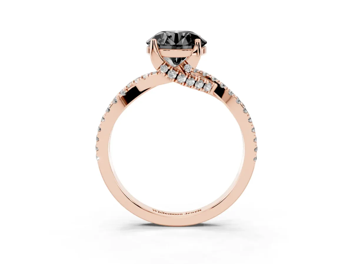 Fancy Black Round Cut Solitaire Twist Pave Diamond Engagement Ring with Prong Setting Rose gold