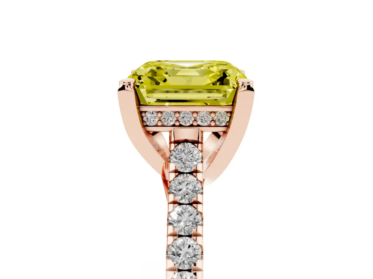 Fancy Yellow Asscher Cut Brilliant Diamond Solitaire with Pavé Band and Four-Prong Setting Rose gold