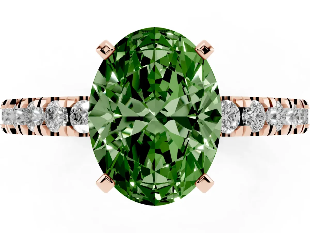 Fancy Green Oval Cut Solitaire Diamond with Pavé Band and Four-Prong Setting Rose gold
