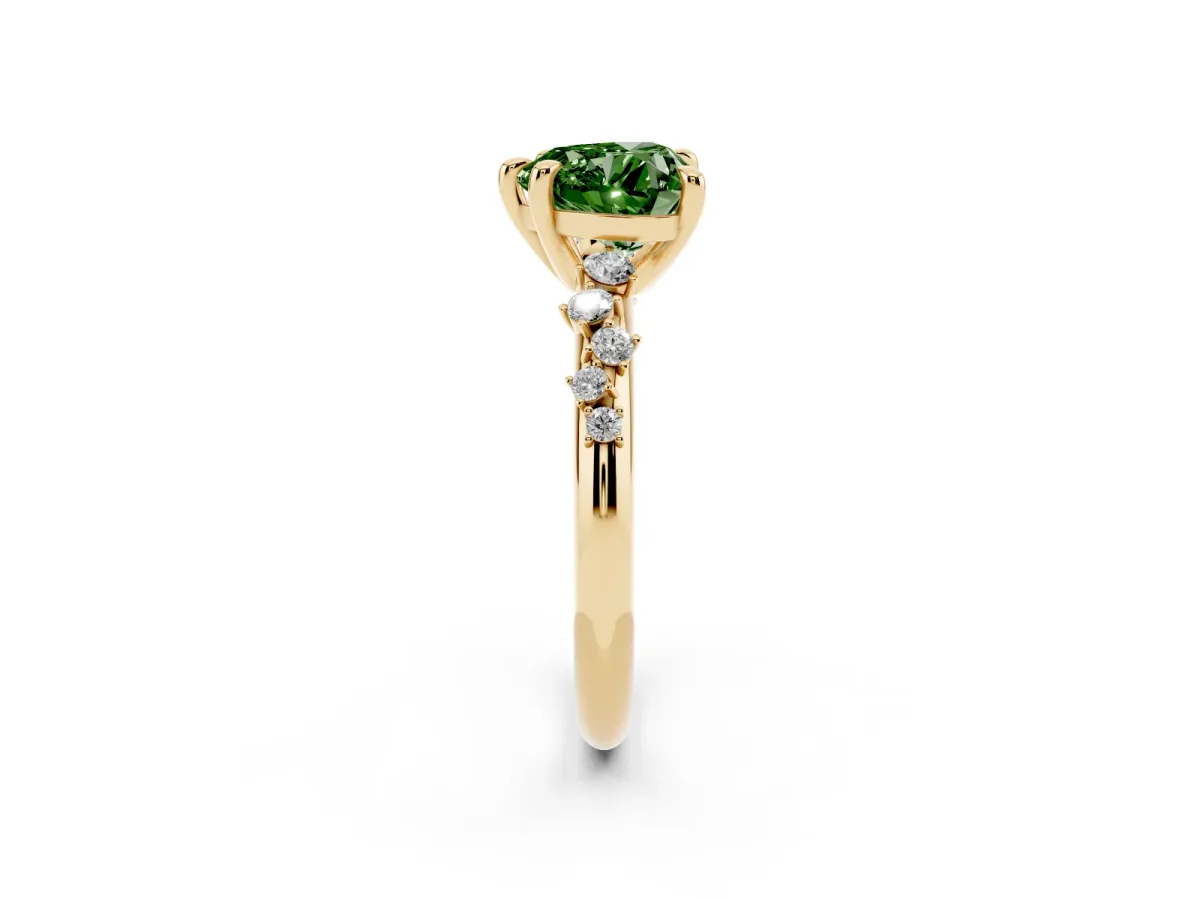Fancy Green Heart Cut Cut Diamond Vine Band with Four-Prong Setting Yellow gold