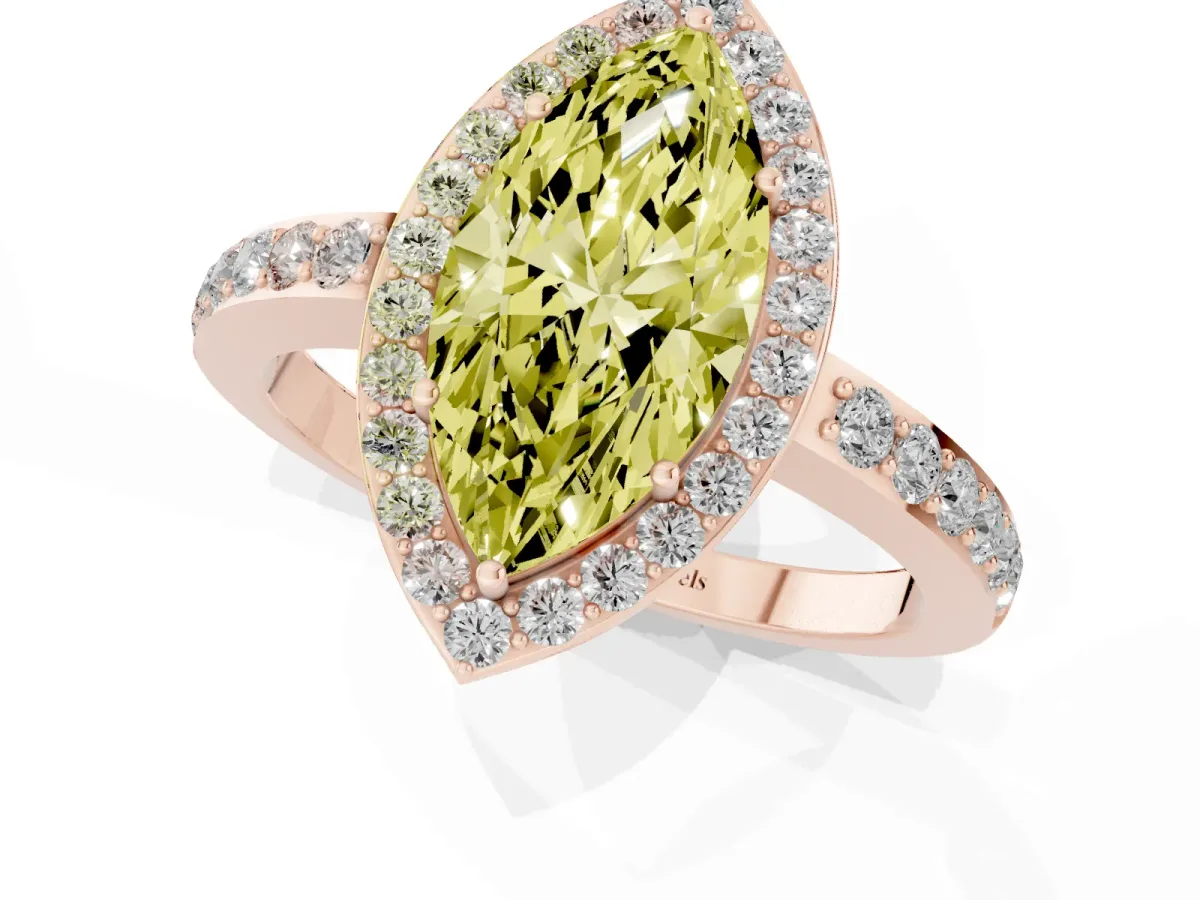 Fancy Yellow Marquise Cut Halo Diamond Pavé Band Ring with Prong Setting Rose gold
