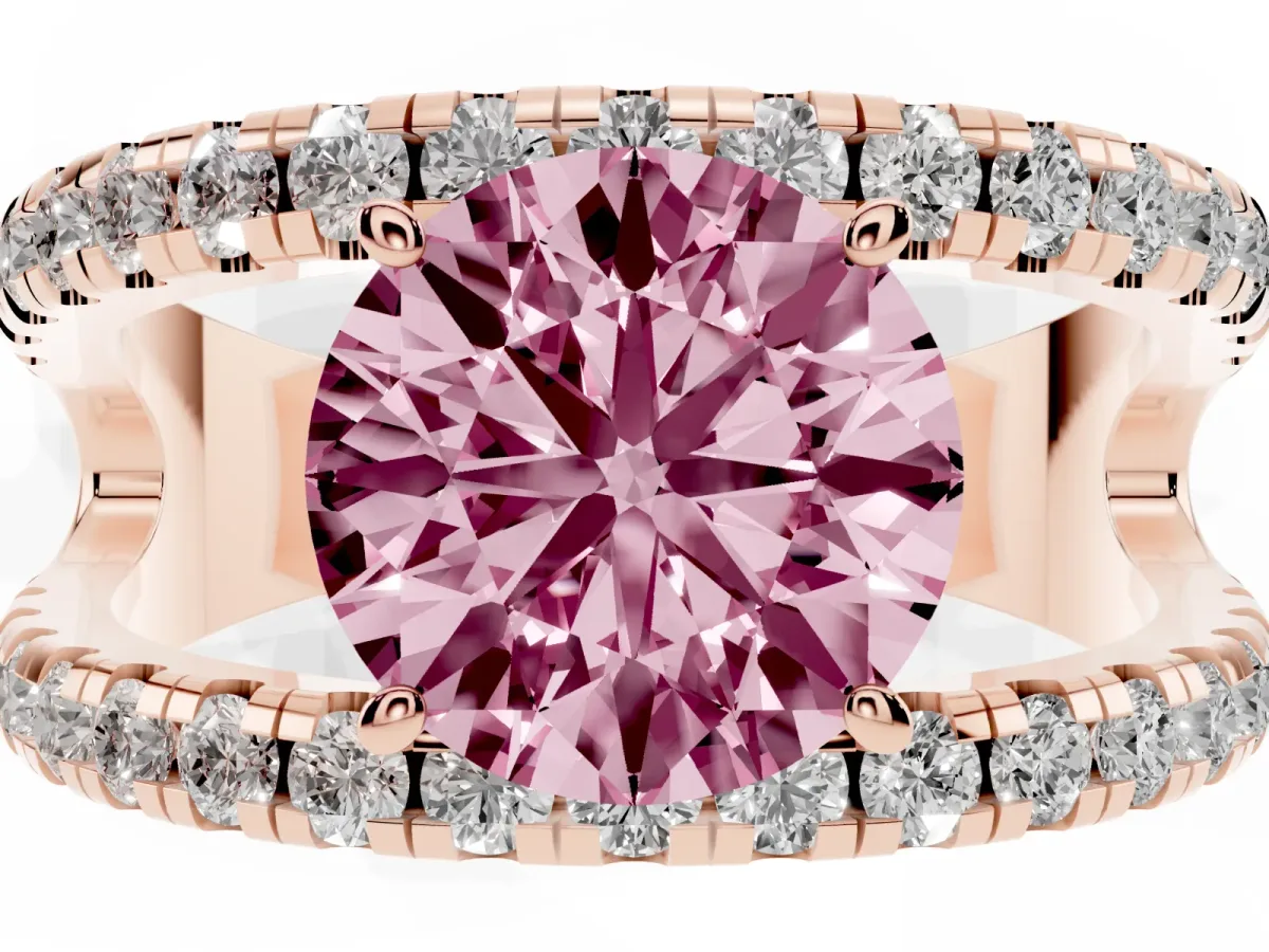 Fancy Pink Round Cut Solitaire Split Shank Pave Diamond Ring Rose gold