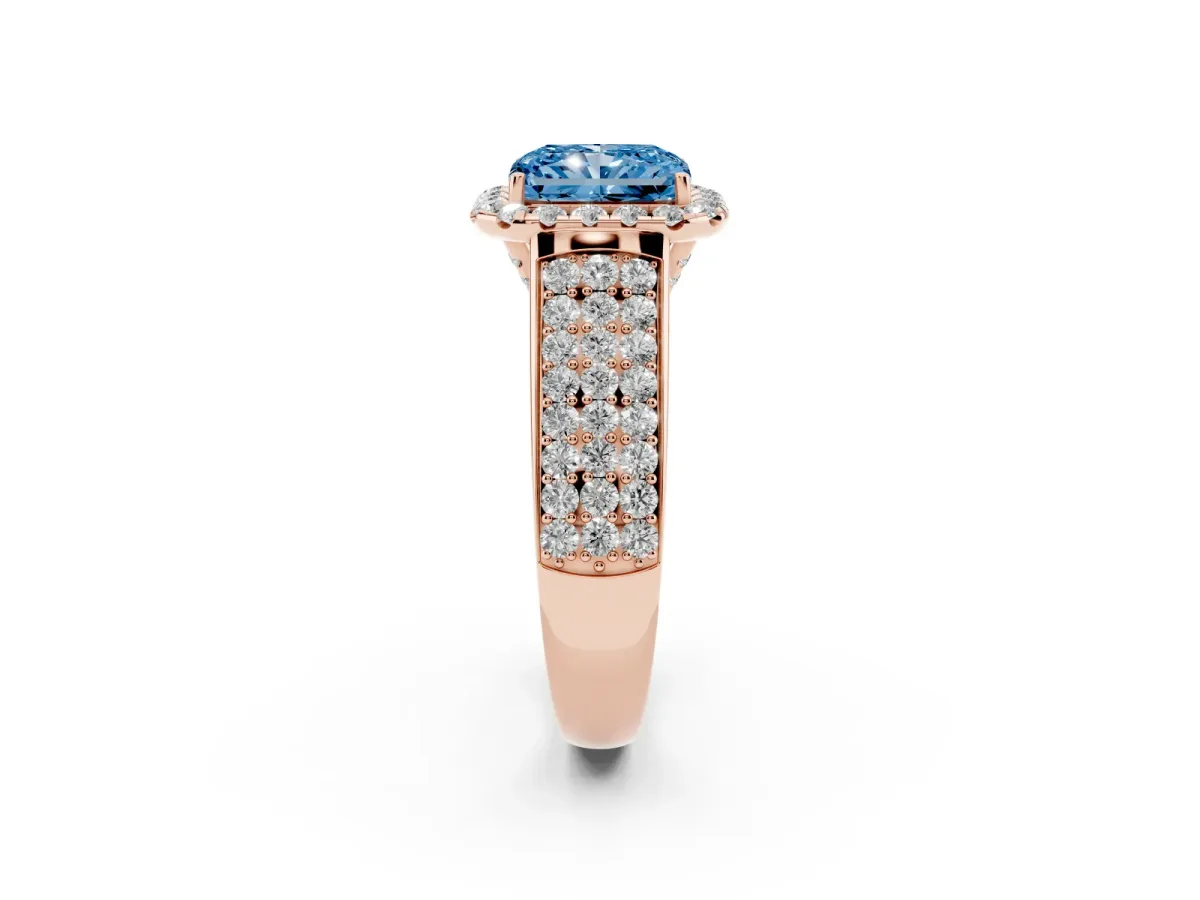 Fancy Blue Radiant Cut Halo Round Diamond Pave Band with Prong Setting Rose gold