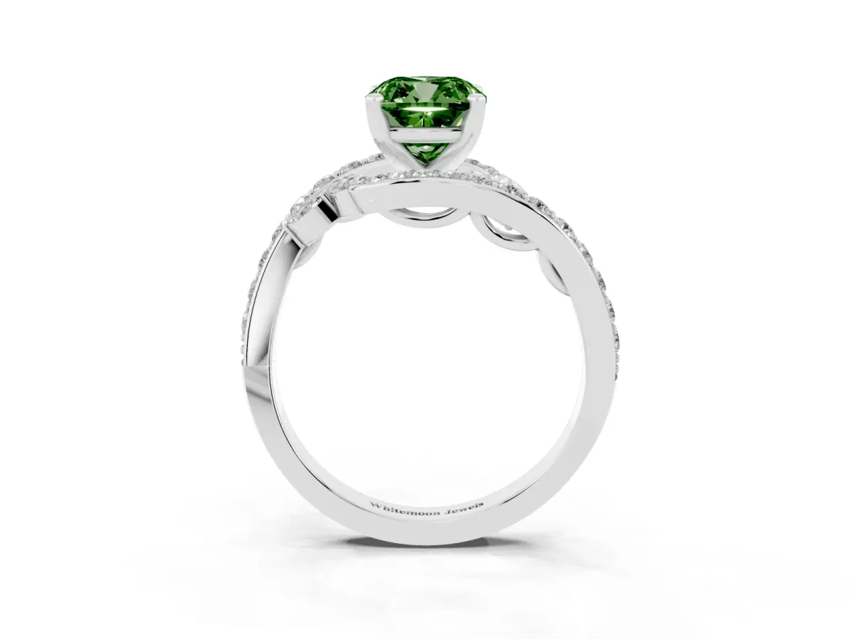 Fancy Green Cushion Cut Diamond Solitaire Ring with Filigree Band and Four-Prong Setting Silver