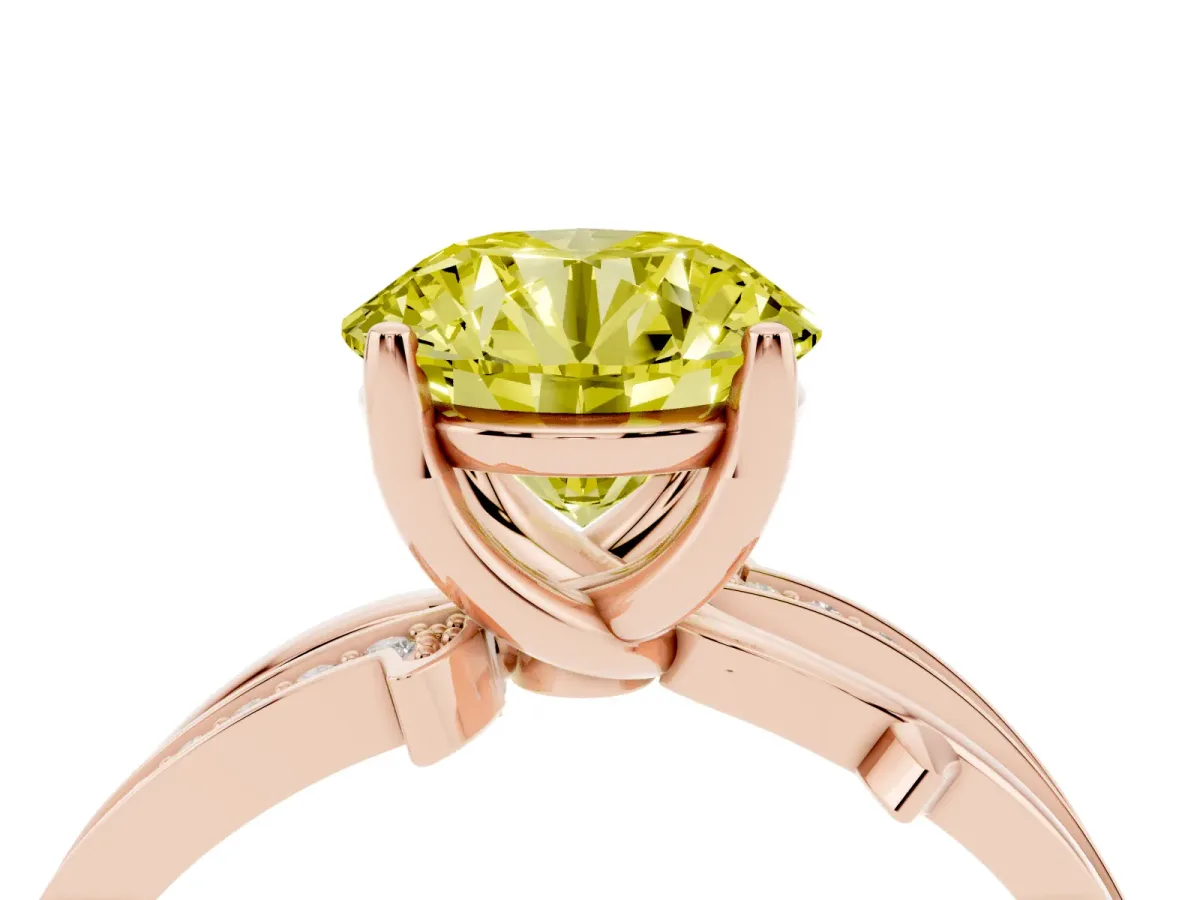 Fancy Yellow Round Cut Solitaire Twist Band with Pavé Accents and Four-Prong Setting Rose gold