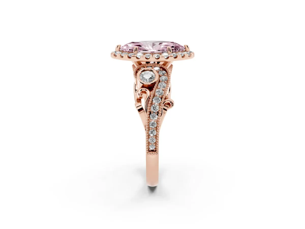 Fancy Pink Marquise Cut Diamond Halo Ring with Milgrain Pavé Band and Four-Prong Setting Rose gold