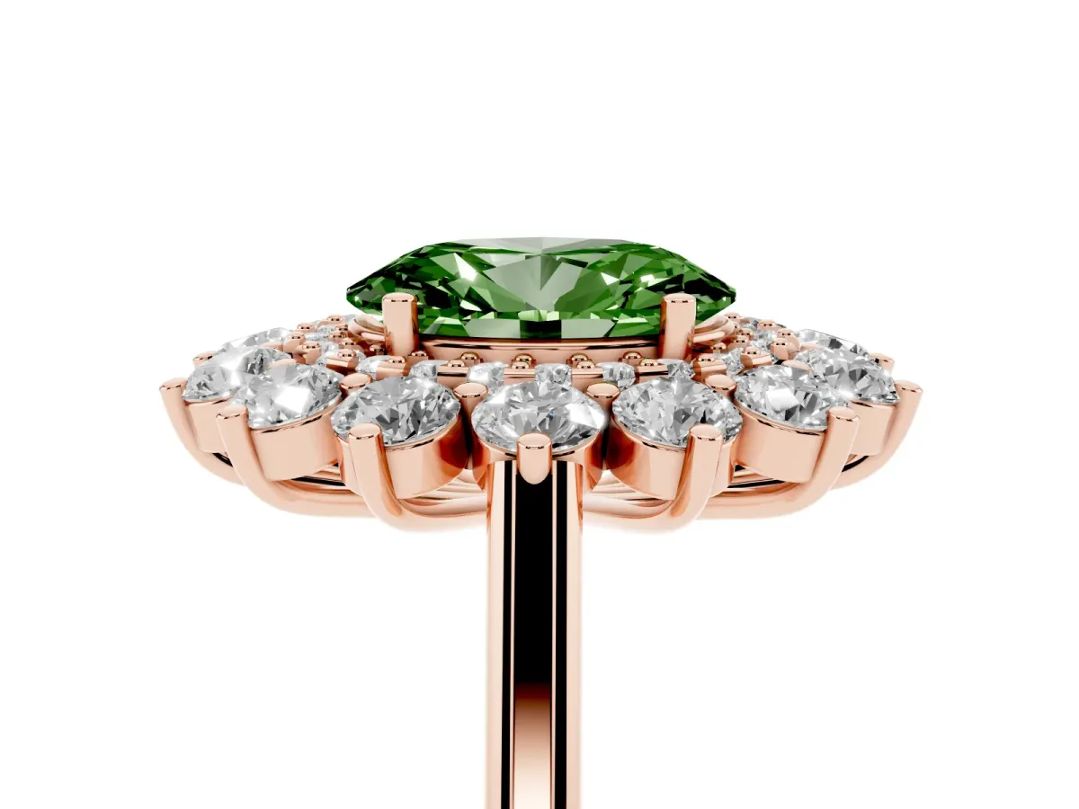 Fancy Green Oval Cut Diamond Floral Double Halo Engagement Ring with Prong Setting Rose gold