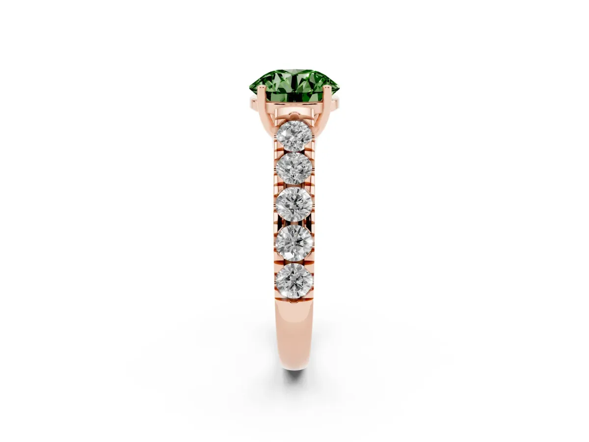 Fancy Green Round Cut Cut Diamond Solitaire Ring with Micro Pave Band and Prong Setting Rose gold