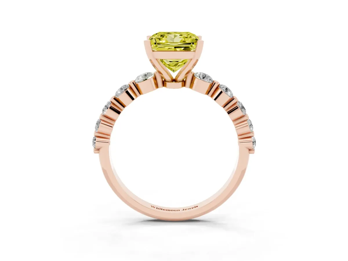 Fancy Yellow Princess Cut Solitaire Diamond Ring with Pave Band and Four-Prong Setting Rose gold