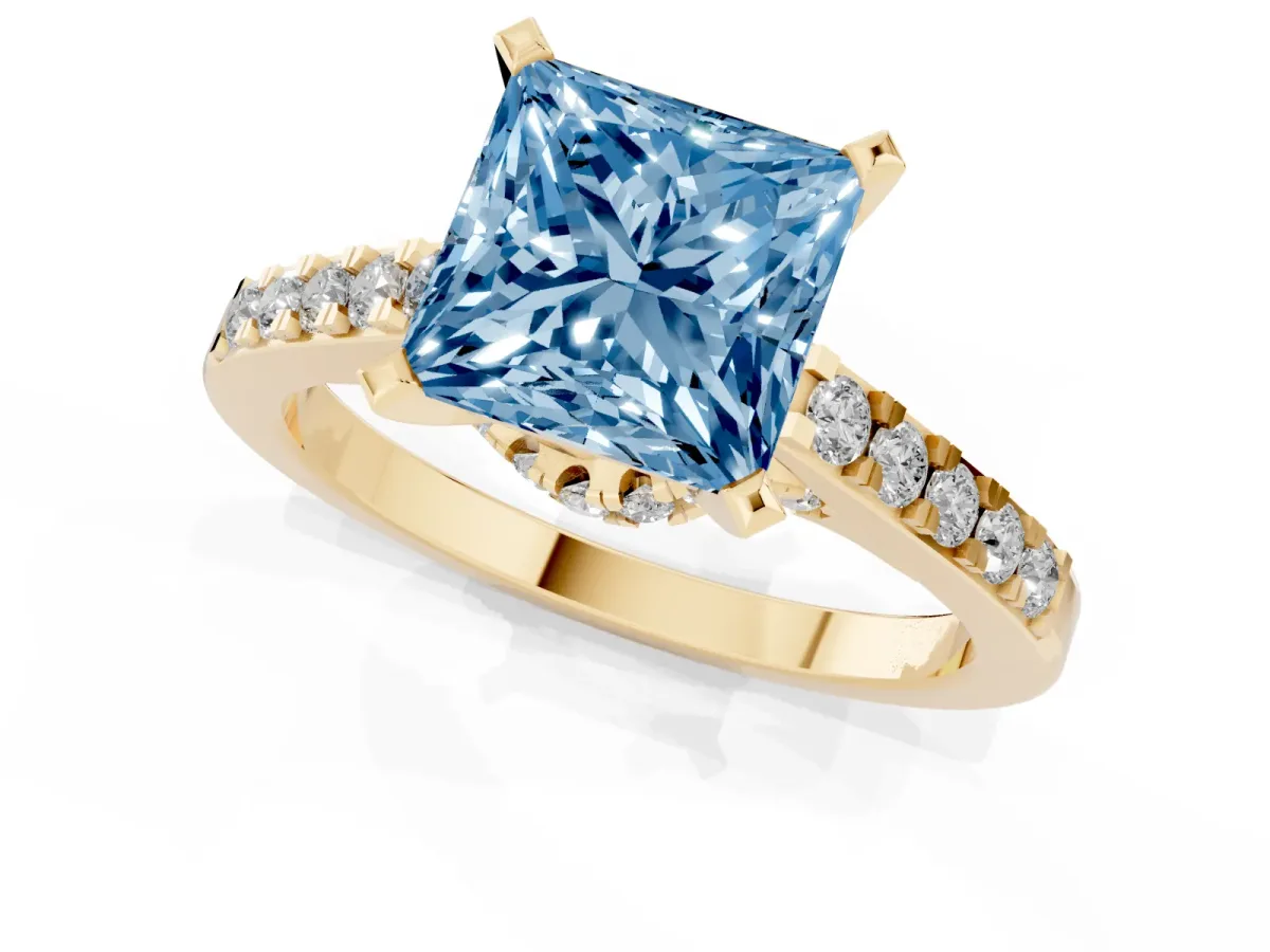Fancy Blue Princess Cut Diamond Solitaire Ring with Crossover Gallery and Round Pavé Band Yellow gold