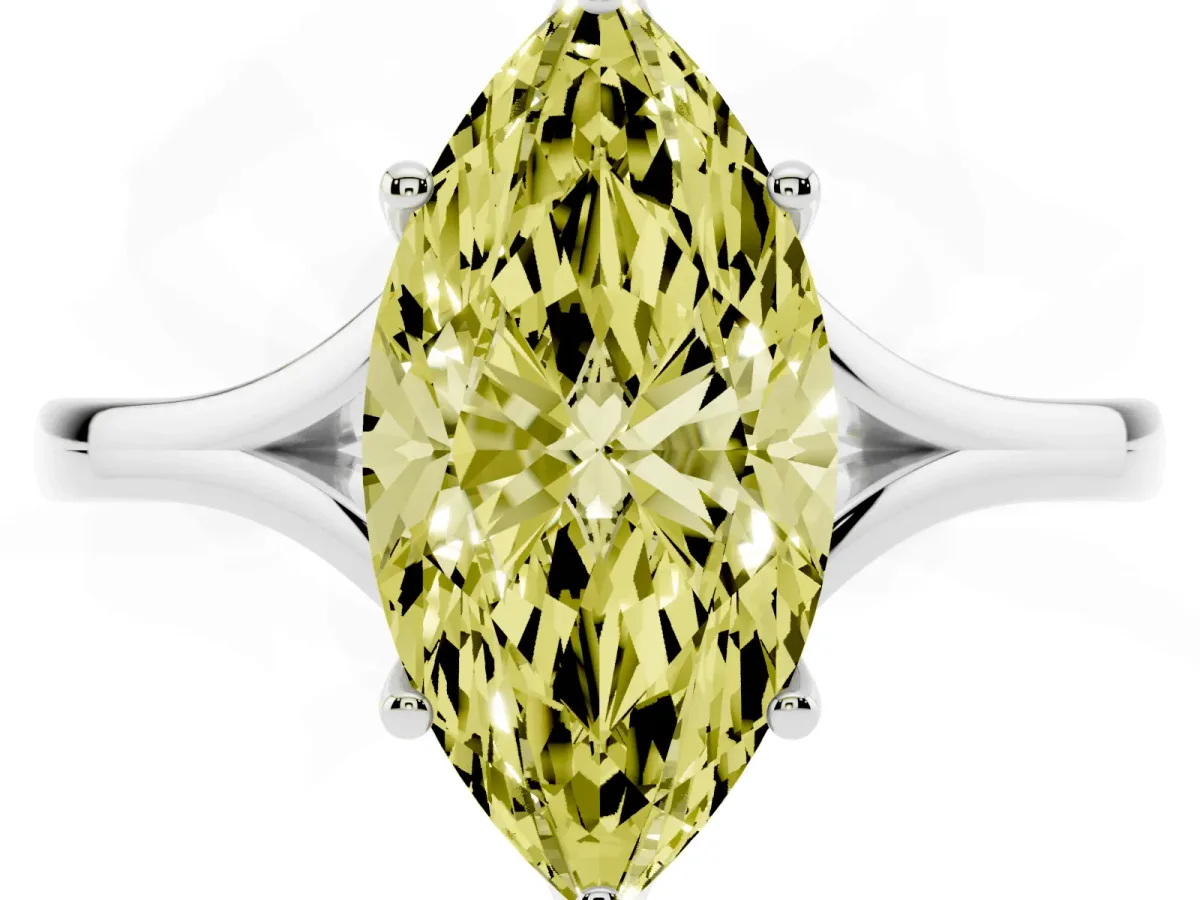 Fancy Yellow Marquise Cut Solitaire Diamond Ring with Six-Prong Setting and Tapered Band Silver