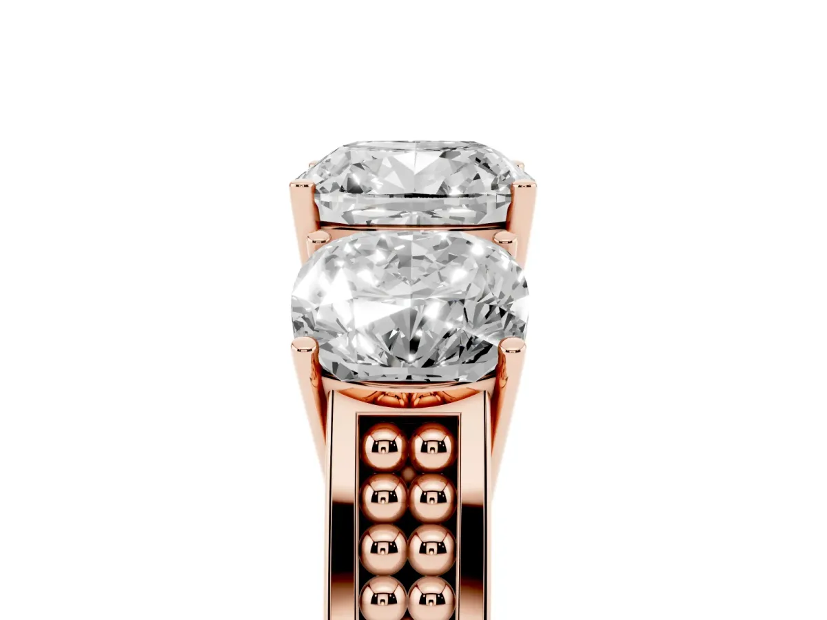 Cushion Cut Diamond Three-Stone Ring with Prong Setting and Textured Band Rose gold