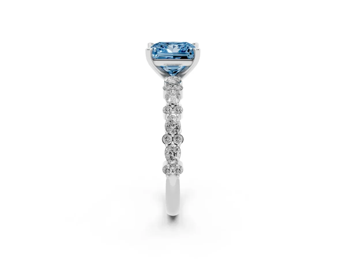Fancy Blue Princess Cut Diamond Side Stone Solitaire Ring with Round and Four-Prong Setting Silver