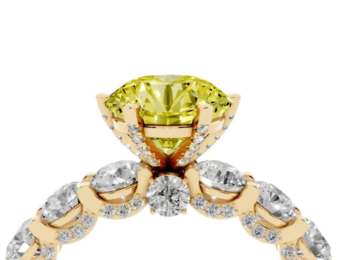 Fancy Yellow Round Cut Diamond Side Stone Engagement Ring with Four-Prong Setting Yellow gold