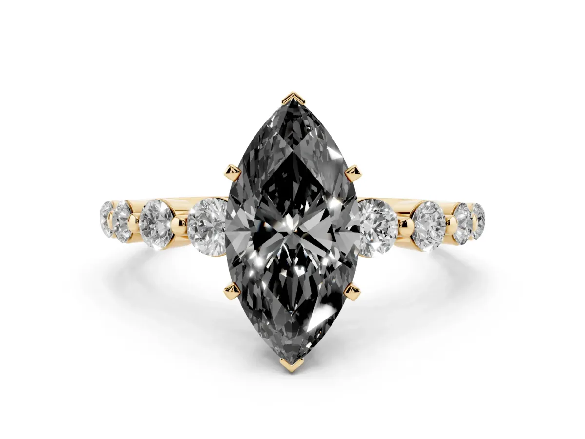 Fancy Black Marquise Cut Solitaire Diamond Ring with Pave Band and Four-Prong Setting Yellow gold