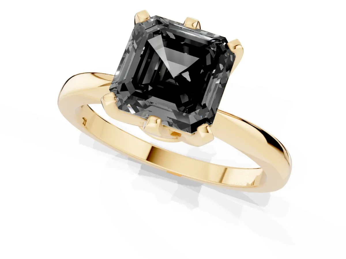 Fancy Black Asscher Cut Solitaire Engagement Ring with Six-Prong Setting and Tapered Band Yellow gold
