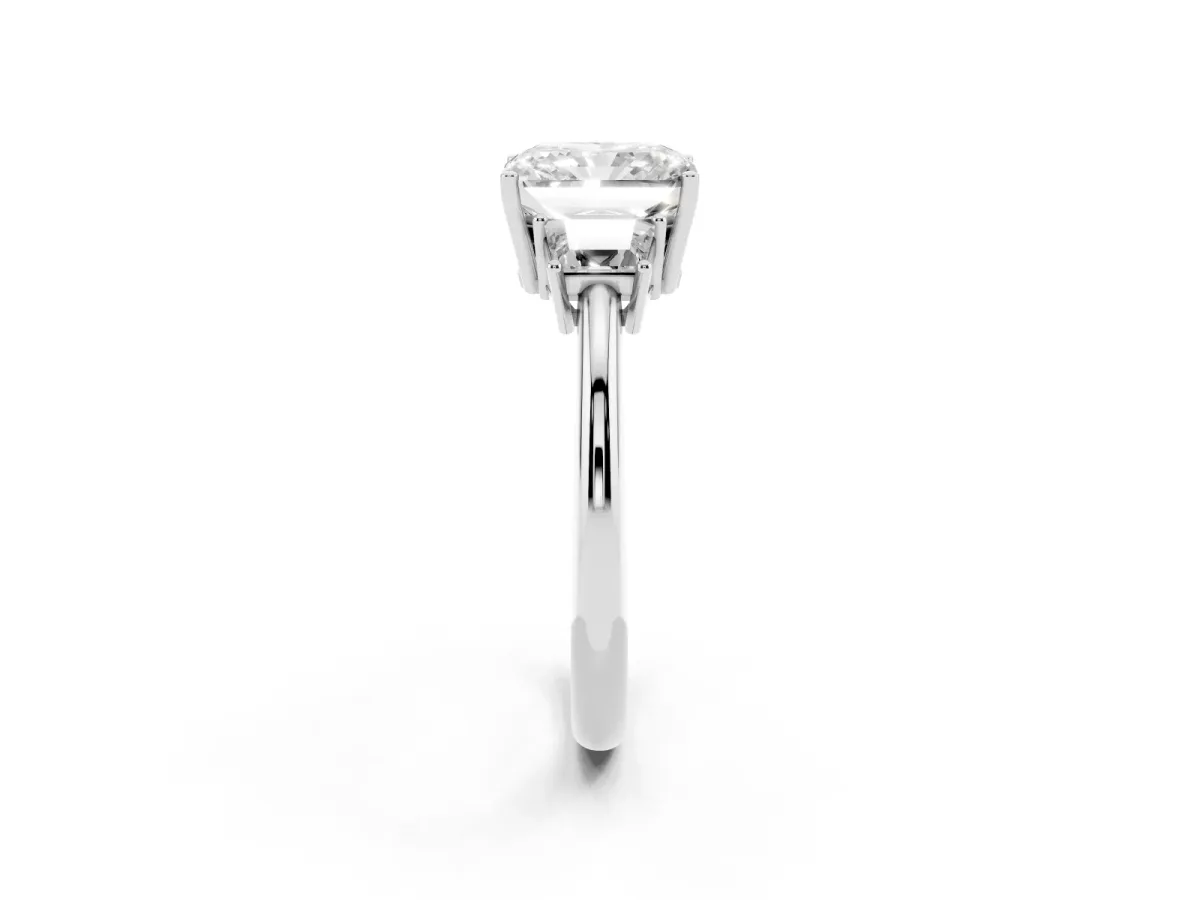 Radiant Cut Diamond Three-Stone Ring with Trapezoid Side Stones and Prong Setting Platinum