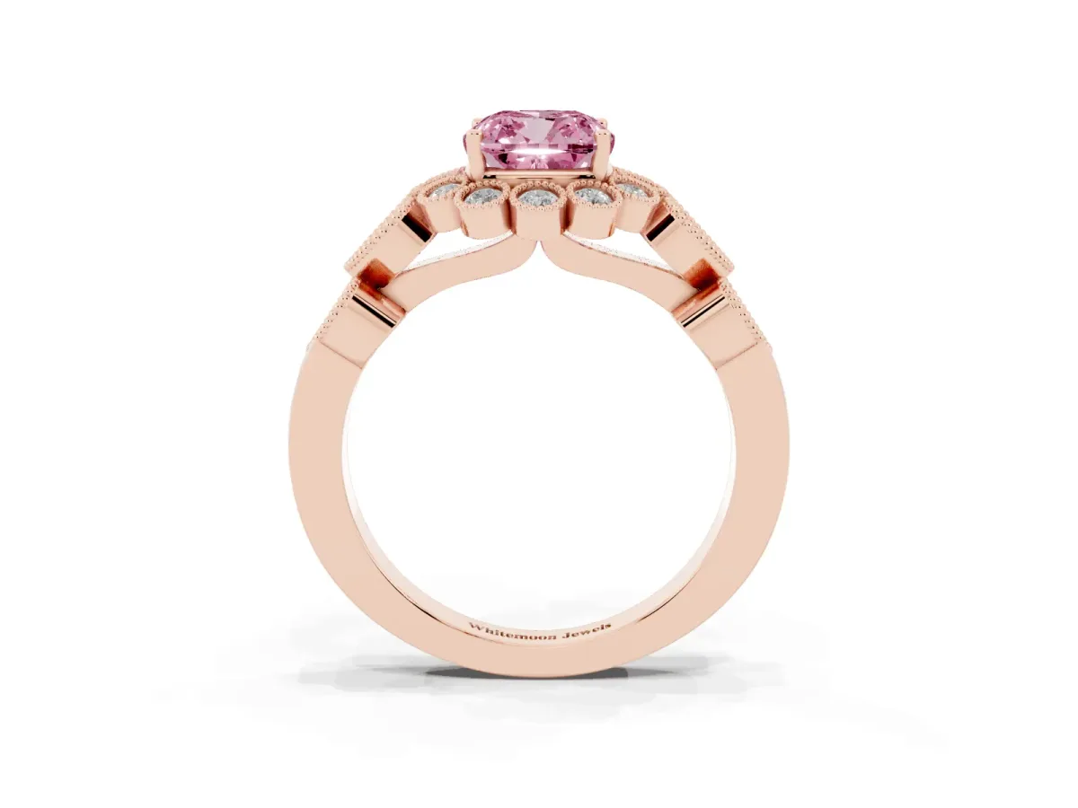 Fancy Pink Cushion Cut Brilliant Milgrain Pave Heart Band Solitaire Ring Rose gold