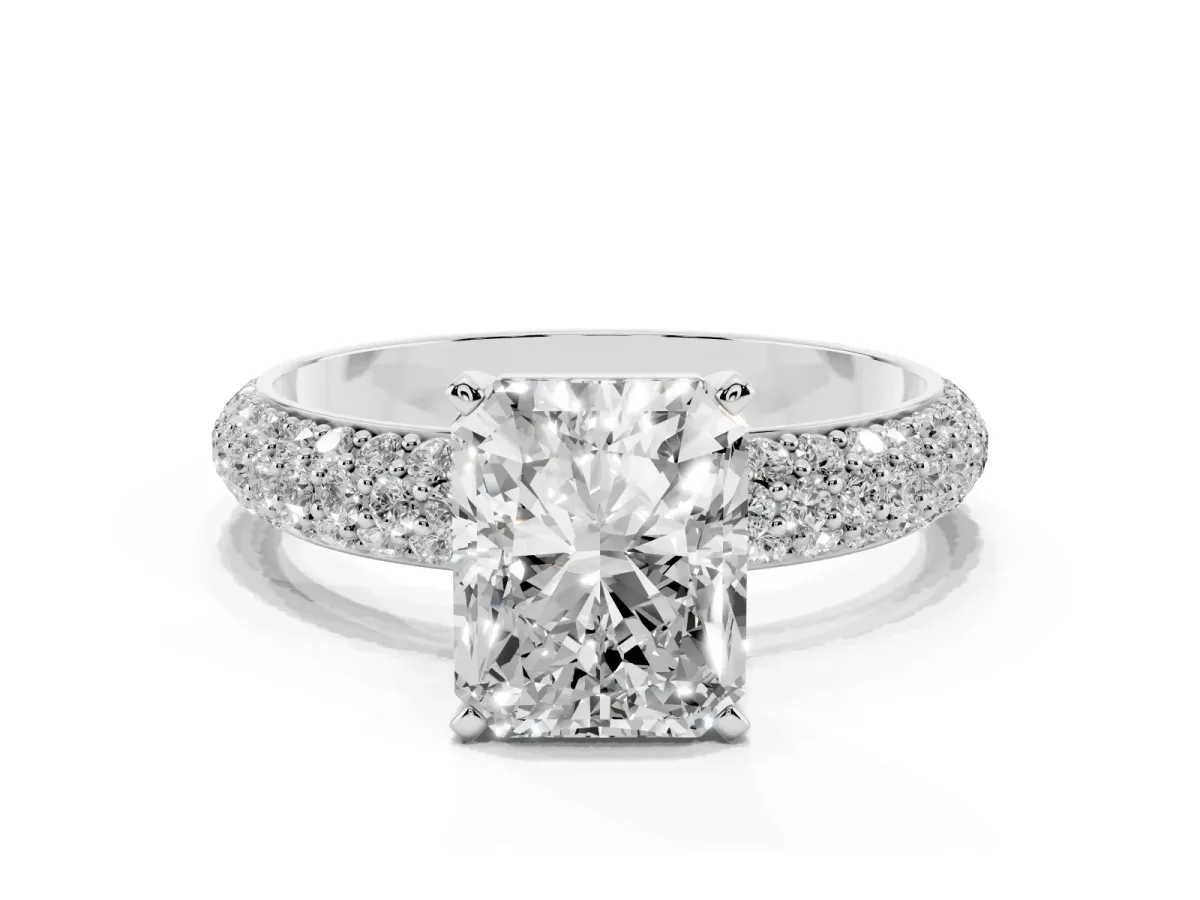 Radiant Cut Diamond Solitaire Ring with Prong Setting and Pavé Band Platinum