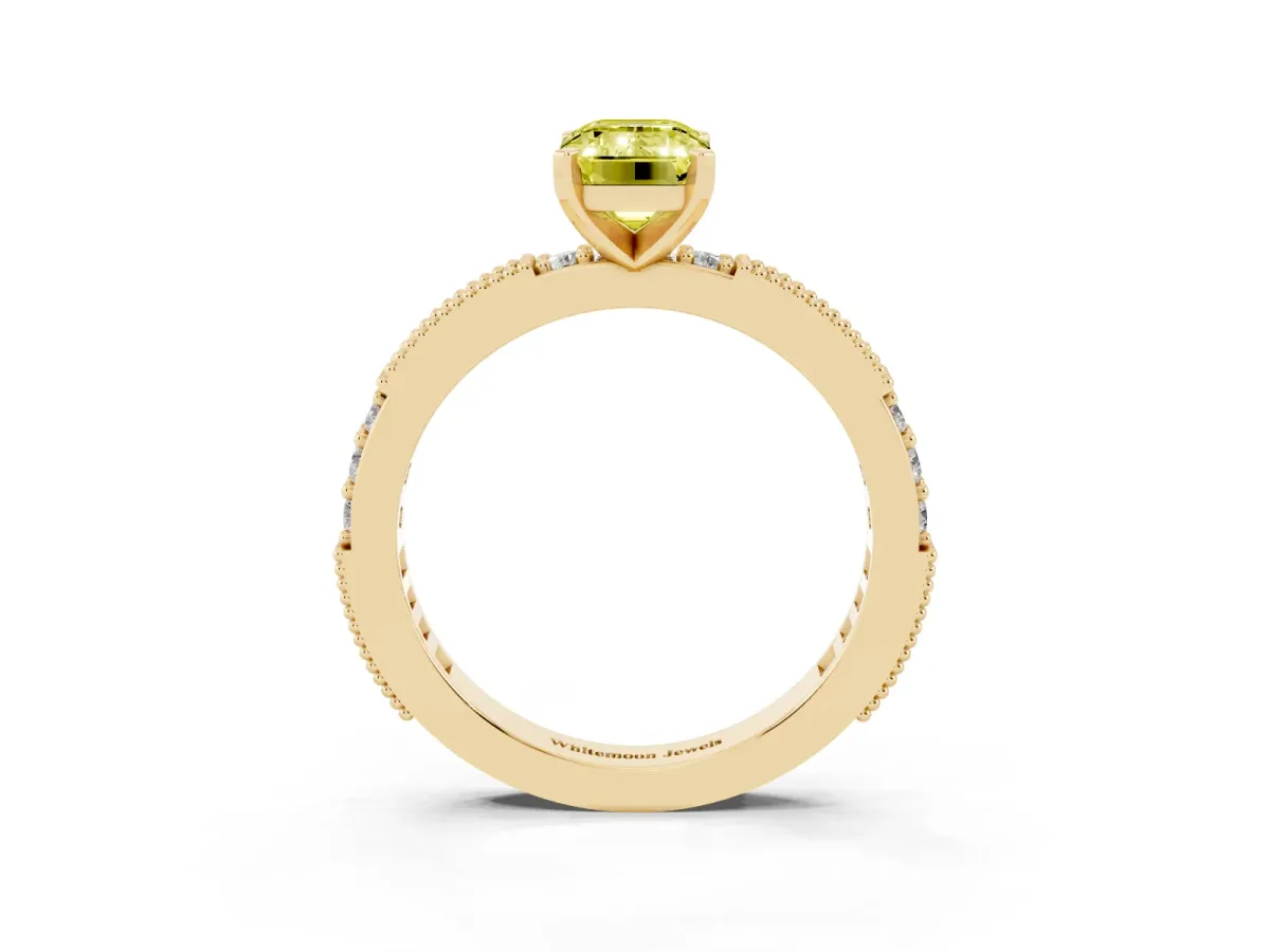 Fancy Yellow Emerald Cut Solitaire with Pavé Band and Four-Prong Setting Yellow gold