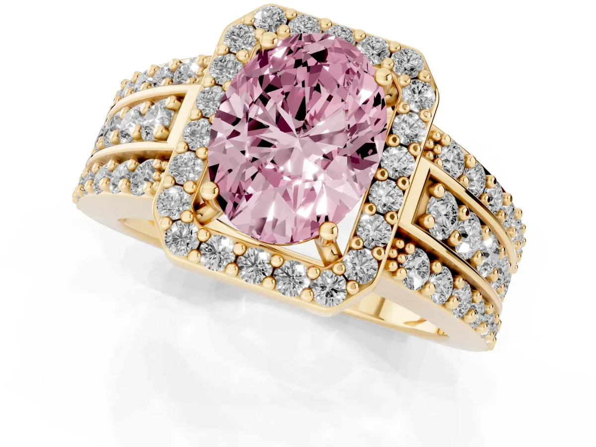 Fancy Pink Oval Cut Halo Diamond Ring with Round Split Shank and Prong Setting Yellow gold
